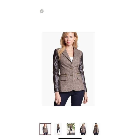 Michael Kors Women Jacket Brown Faux Leather Sleeve Tweed Size 4 - Picture 1 of 14